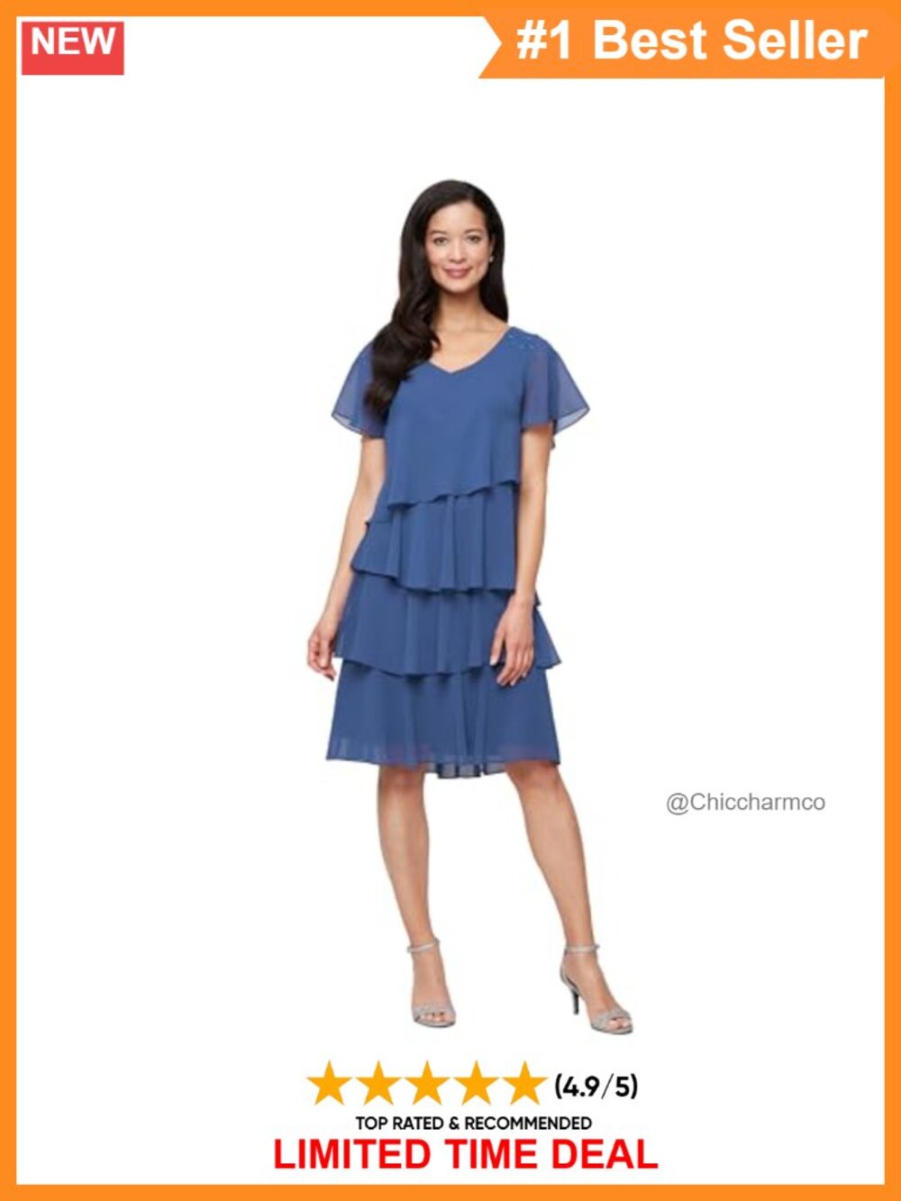 V-Neck Chiffon Cocktail Dress Beaded Shoulders Asymmetrical Tiers